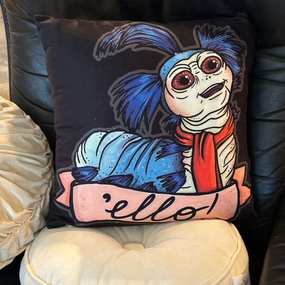 Labyrinth worm Blue and Black Graphic Throw Pillow Cover